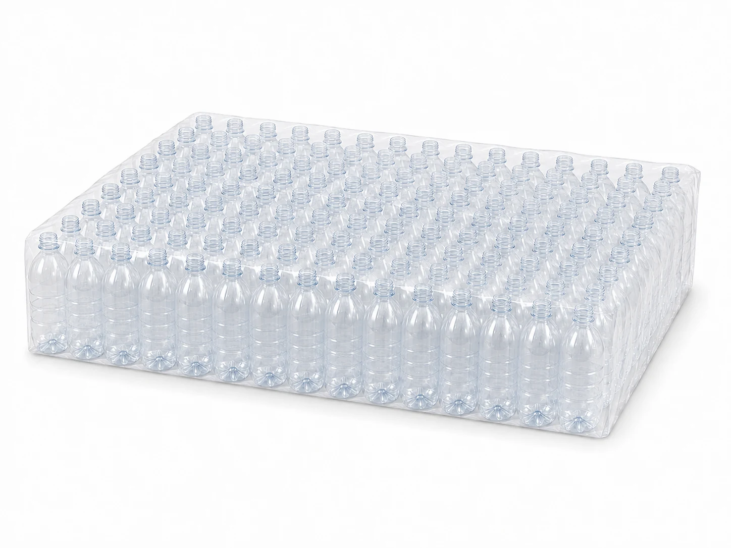 Upright clear 500 mL bottles arranged in a single layer inside a close-fitting polybag